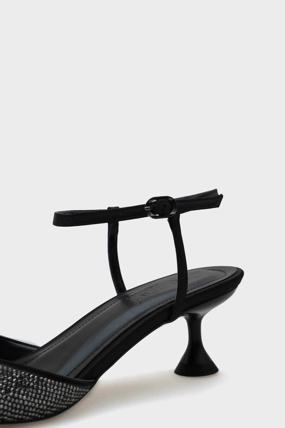 Capone Blunt Crystal Embellished Toe Bow Satin Ankle Strap Medium Heeled Women Satin Black Stylish Shoes