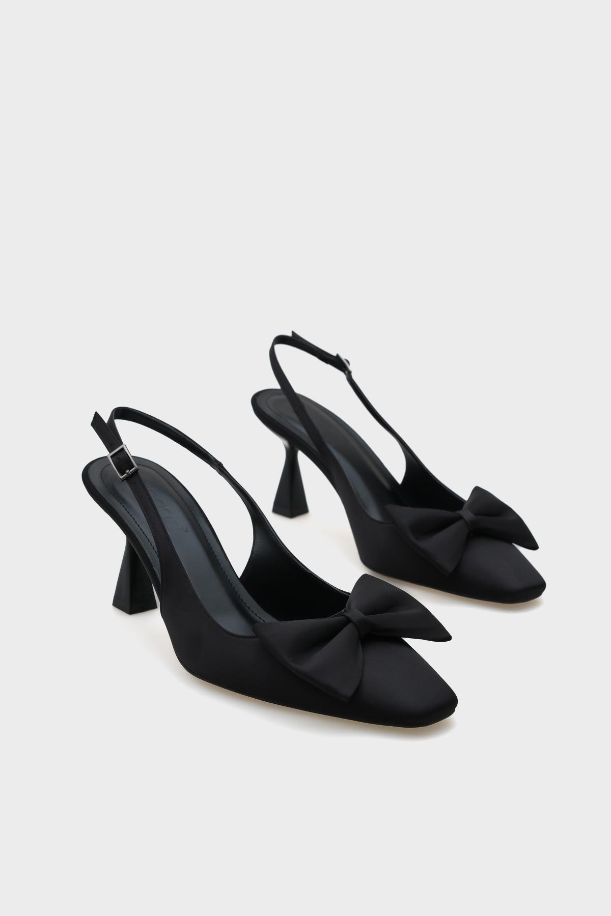 Capone Blunt Pointed Toe Bow Open Back Satin Women Satin Black Shoes