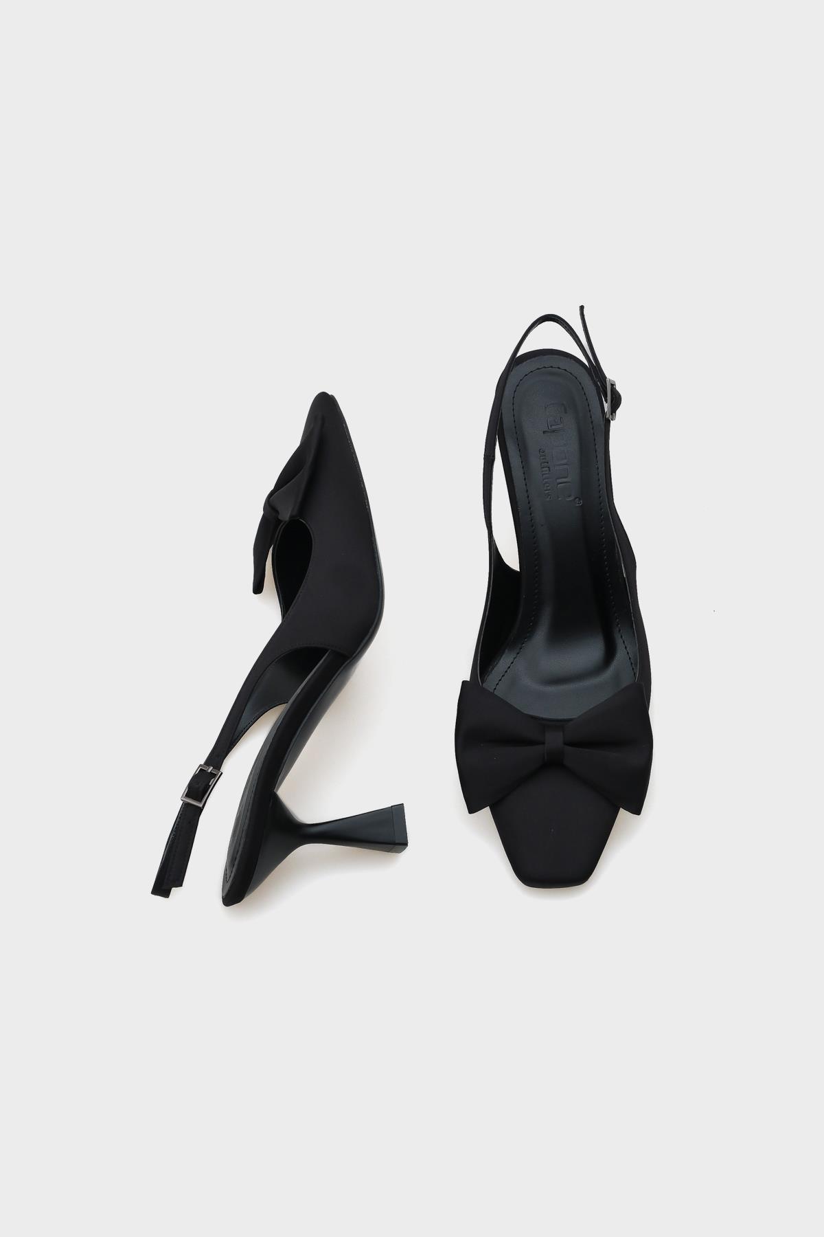 Capone Blunt Pointed Toe Bow Open Back Satin Women Satin Black Shoes