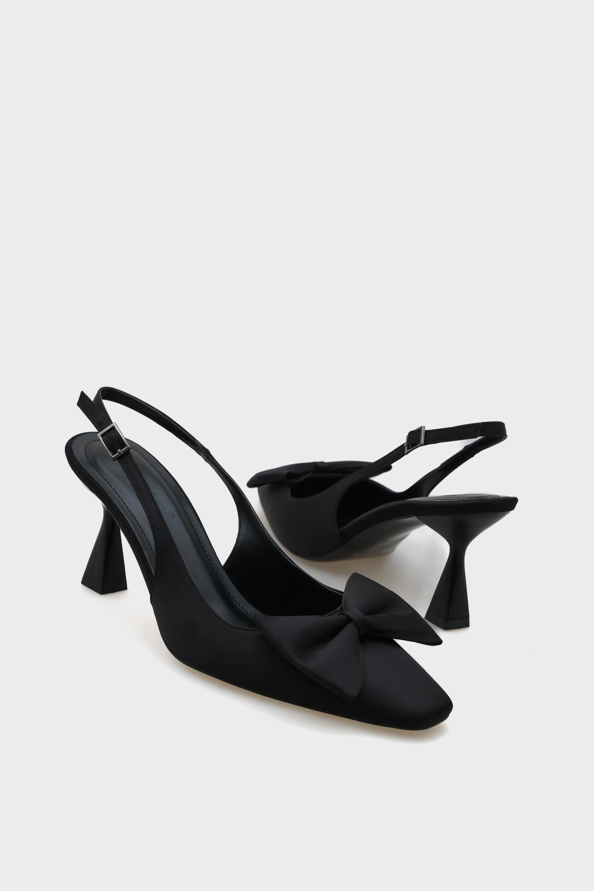 Capone Blunt Pointed Toe Bow Open Back Satin Women Satin Black Shoes
