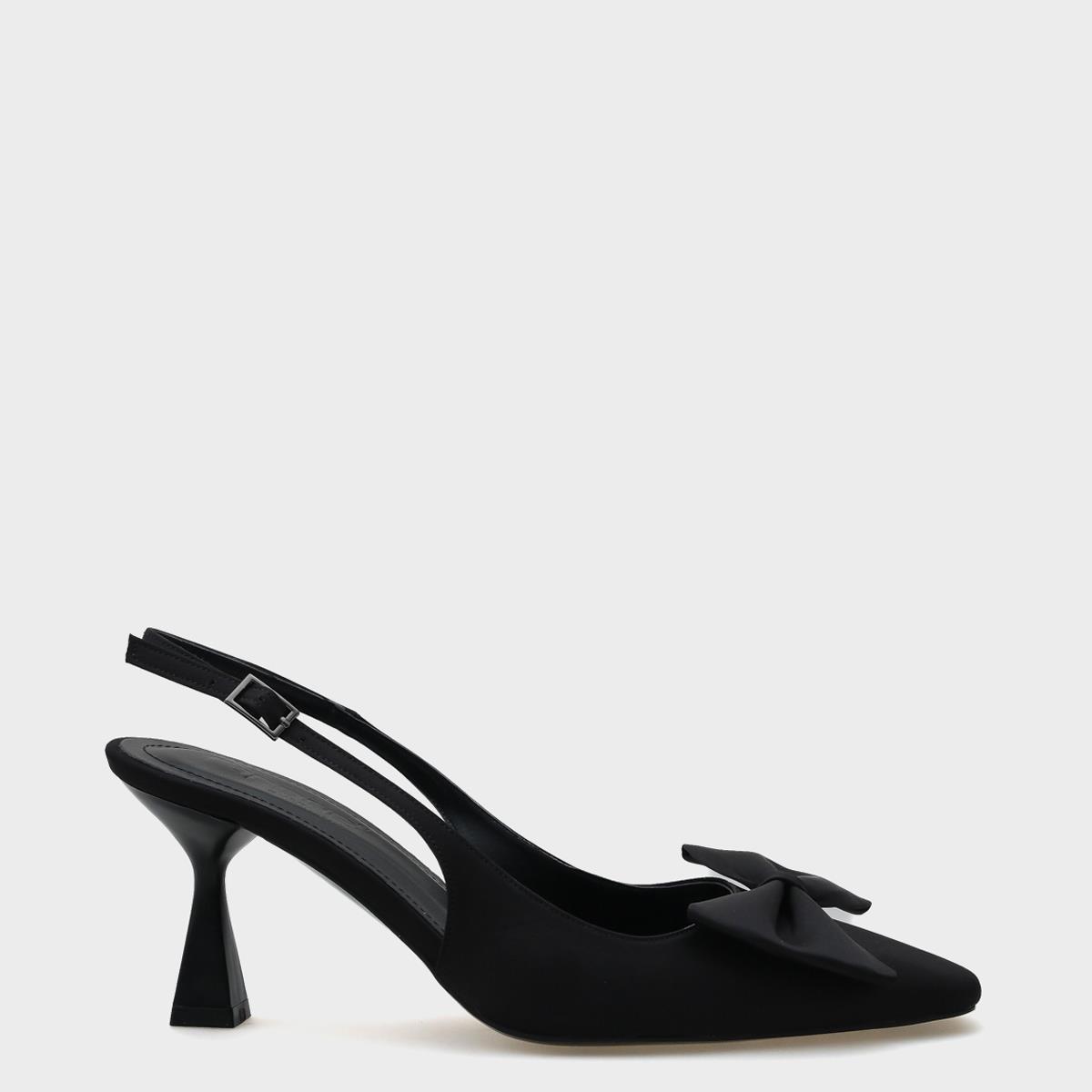 Capone Blunt Pointed Toe Bow Open Back Satin Women Satin Black Shoes