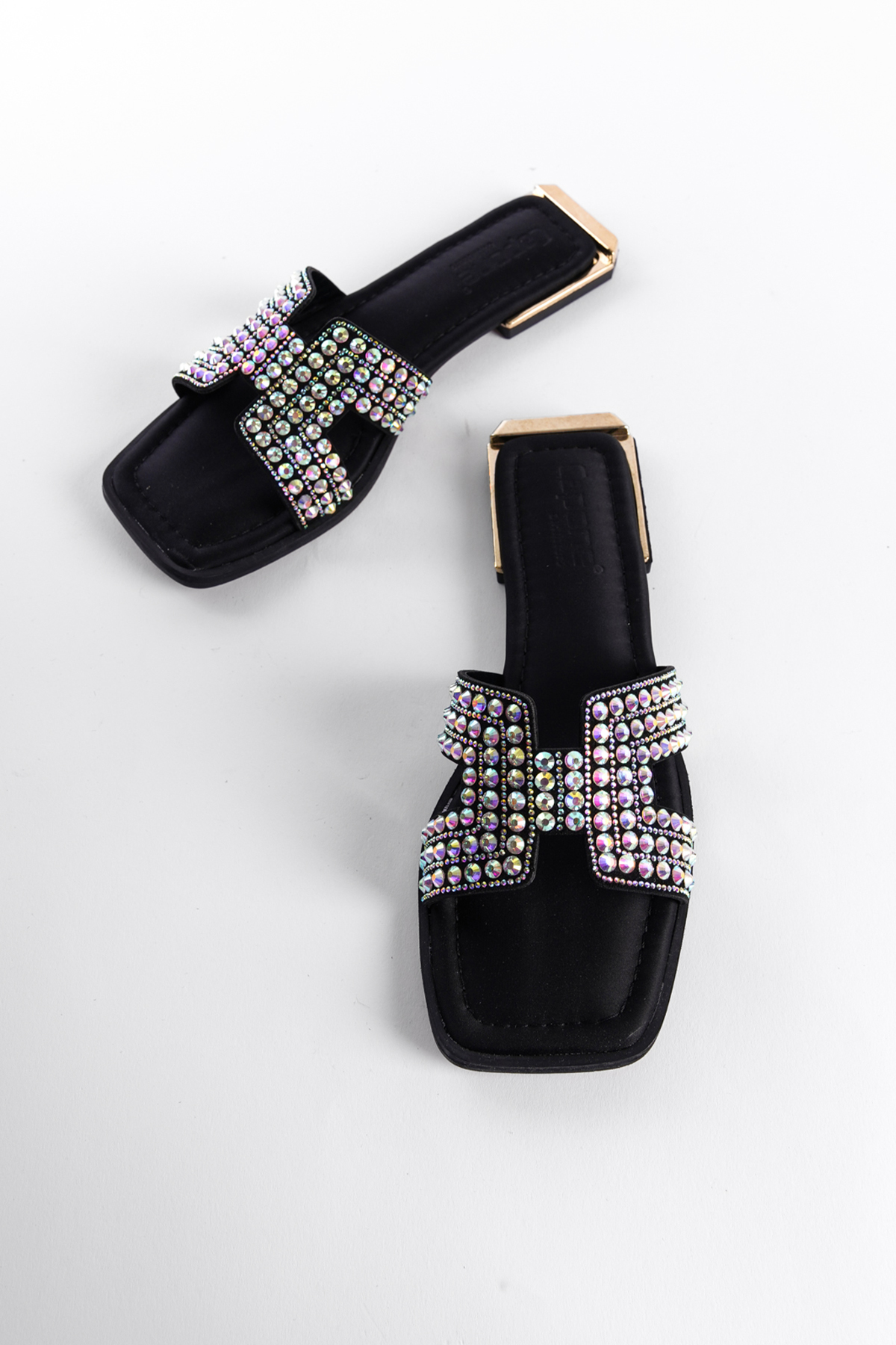 Capone Blunt Toe Crystal Embellished Band Metal Heel Detail Satin Woman Sandals