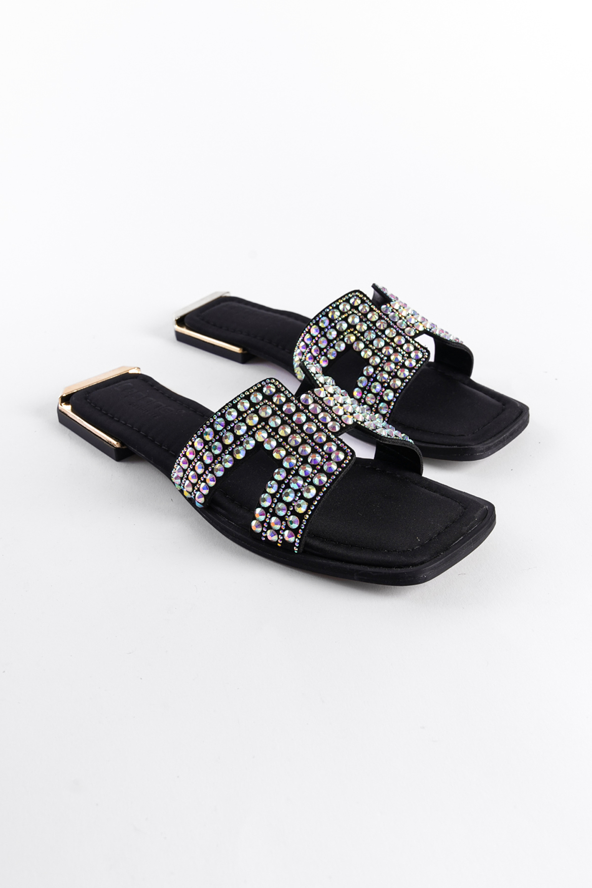 Capone Blunt Toe Crystal Embellished Band Metal Heel Detail Satin Woman Sandals