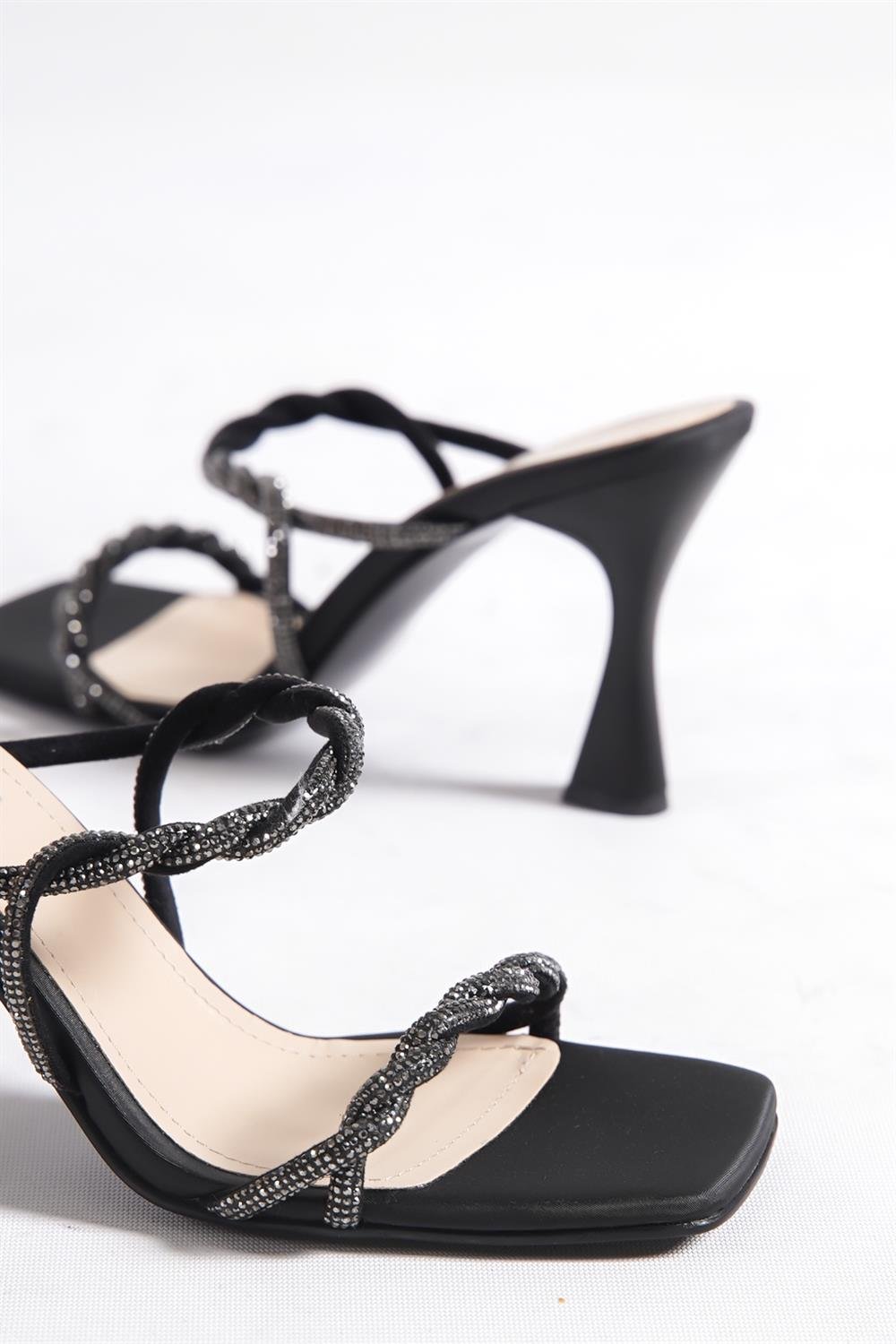 Capone Blunt Toe Crystal Embellished Braided Two Bands High Heel Satin Woman Sandals
