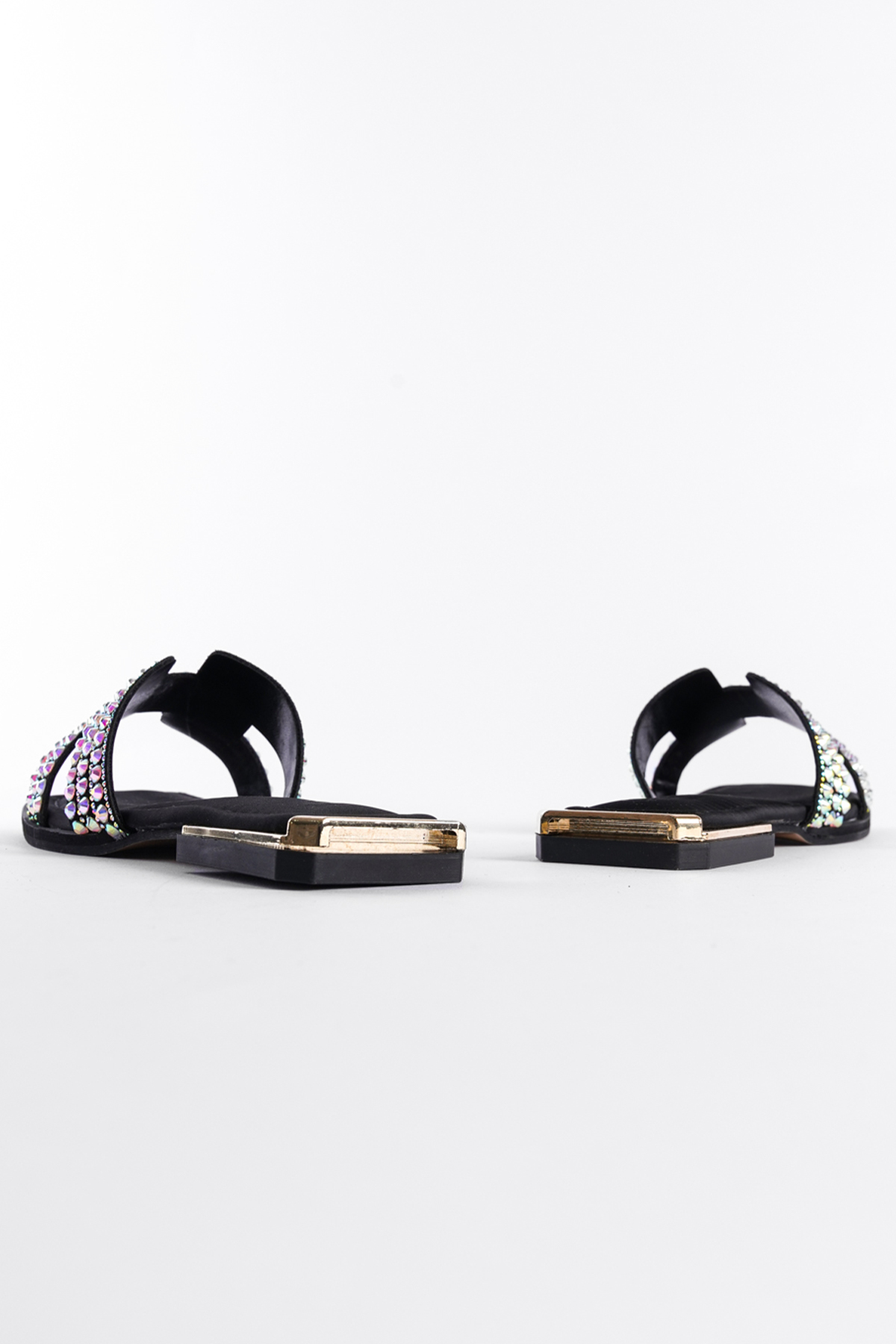 Capone Blunt Toe Crystal Embellished Band Metal Heel Detail Satin Woman Sandals