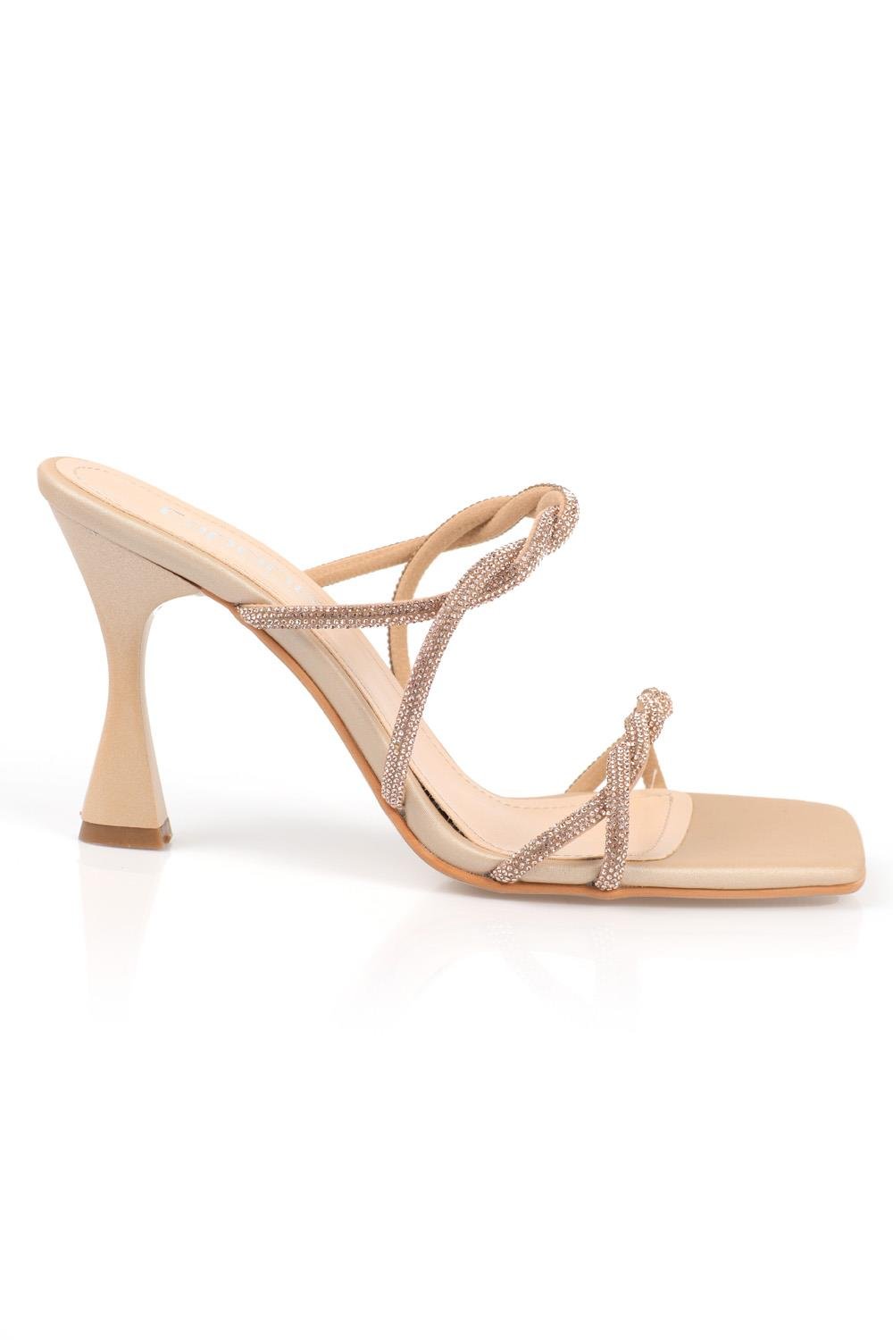 Capone Blunt Toe Crystal Embellished Braided Two Bands High Heel Satin Woman Sandals