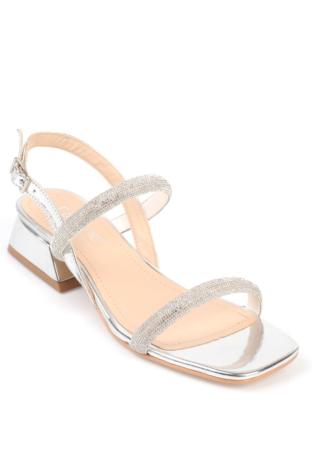 Capone Blunt Toe Crystal Embellished Two Wide Bands Low Heel Mirror Fabric Woman Sandals