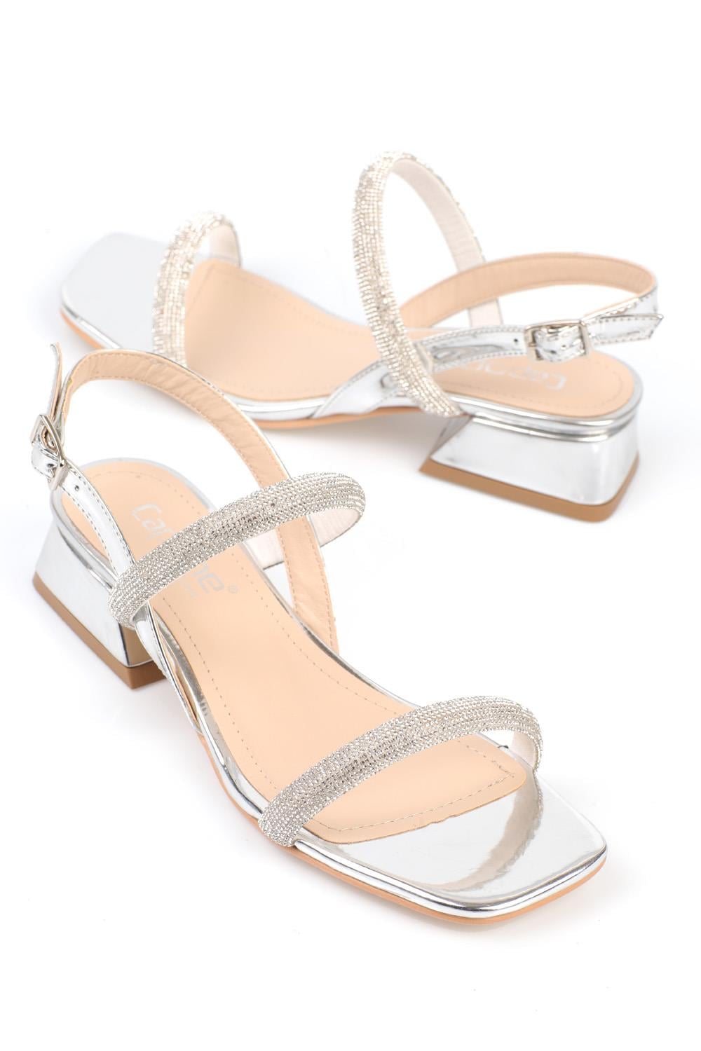 Capone Blunt Toe Crystal Embellished Two Wide Bands Low Heel Mirror Fabric Woman Sandals