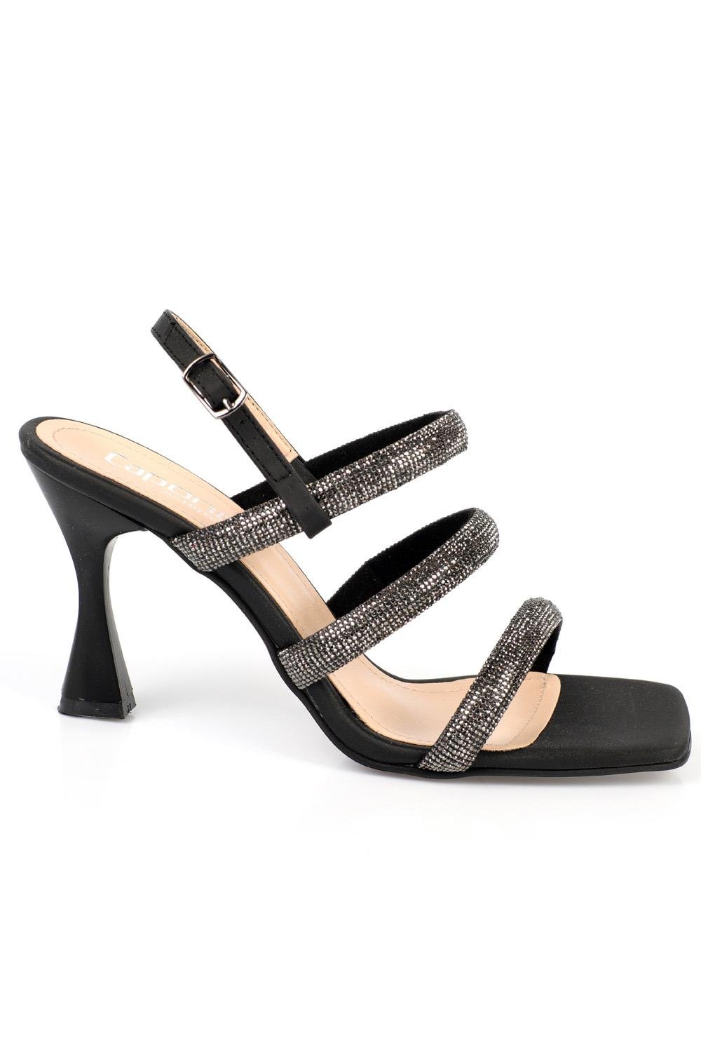 Capone Blunt Toe Crystal Embellished Three Bands High Heel Satin Woman Sandals