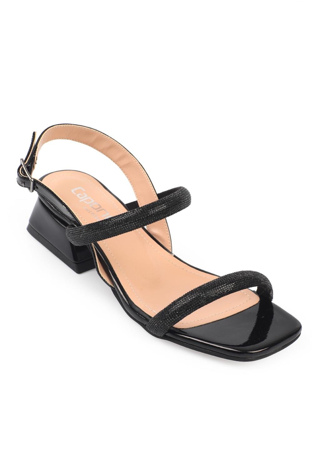 Capone Blunt Toe Crystal Embellished Two Wide Bands Low Heel Rugan Woman Sandals