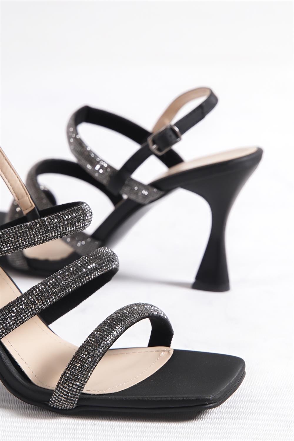 Capone Blunt Toe Crystal Embellished Three Bands High Heel Satin Woman Sandals
