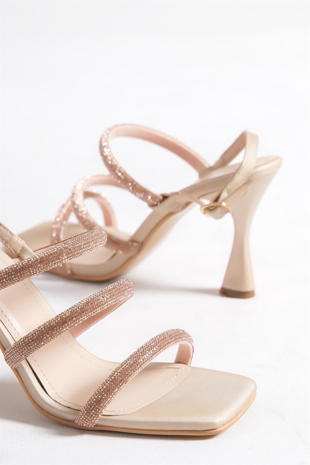 Capone Blunt Toe Crystal Embellished Three Bands High Heel Satin Woman Sandals