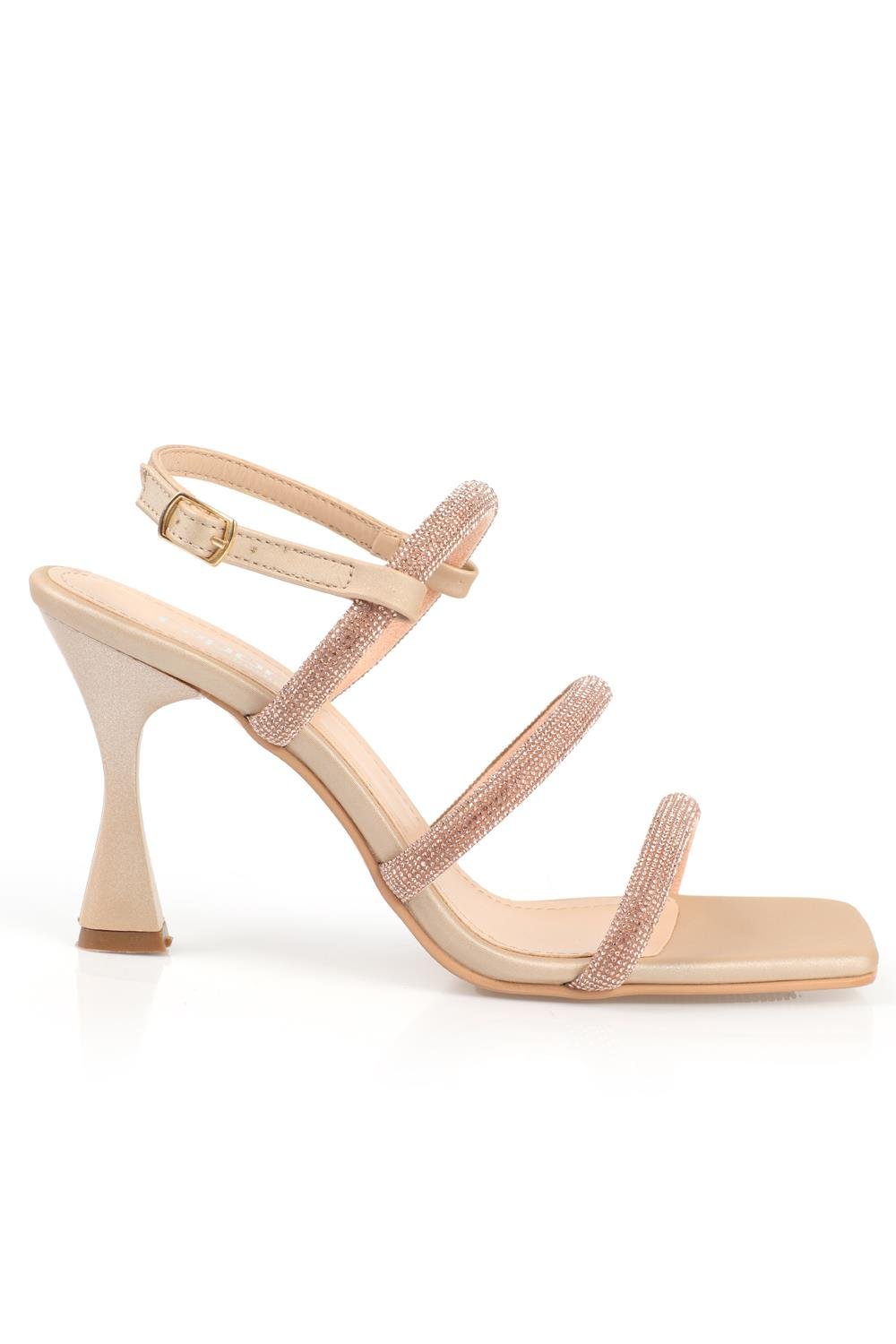 Capone Blunt Toe Crystal Embellished Three Bands High Heel Satin Woman Sandals