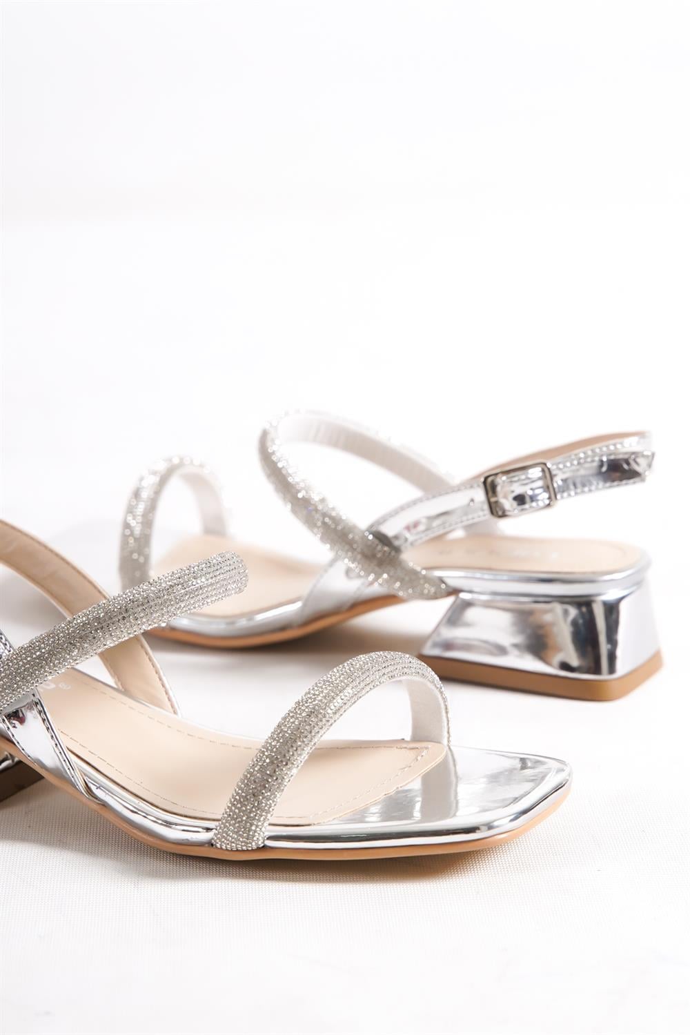 Capone Blunt Toe Crystal Embellished Two Wide Bands Low Heel Mirror Fabric Woman Sandals