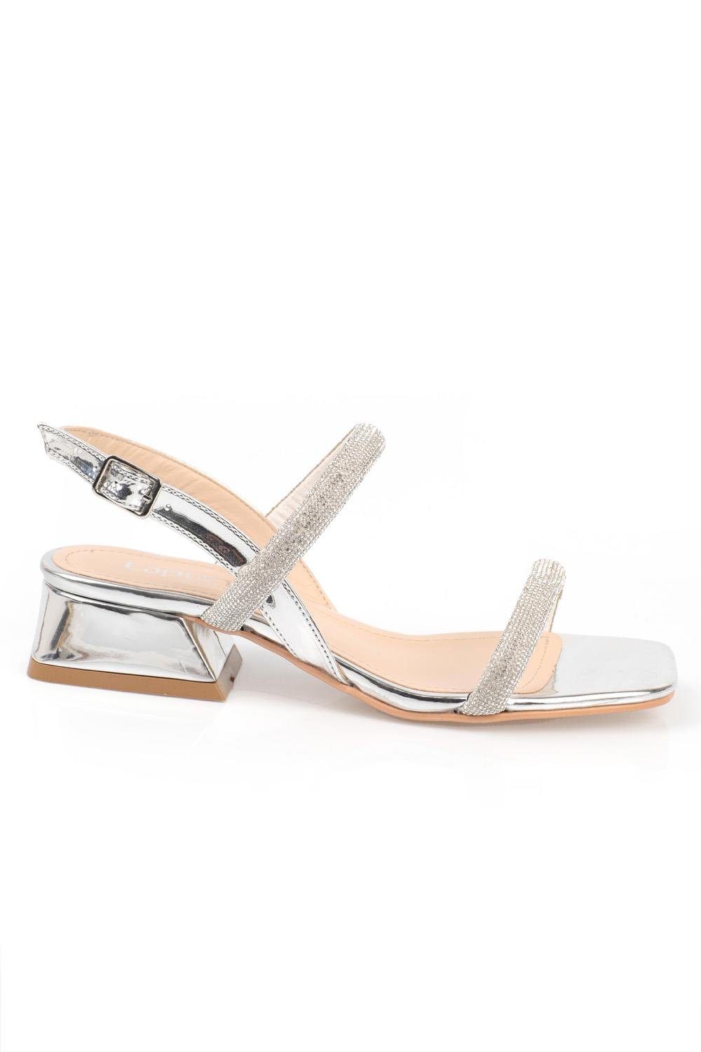 Capone Blunt Toe Crystal Embellished Two Wide Bands Low Heel Mirror Fabric Woman Sandals