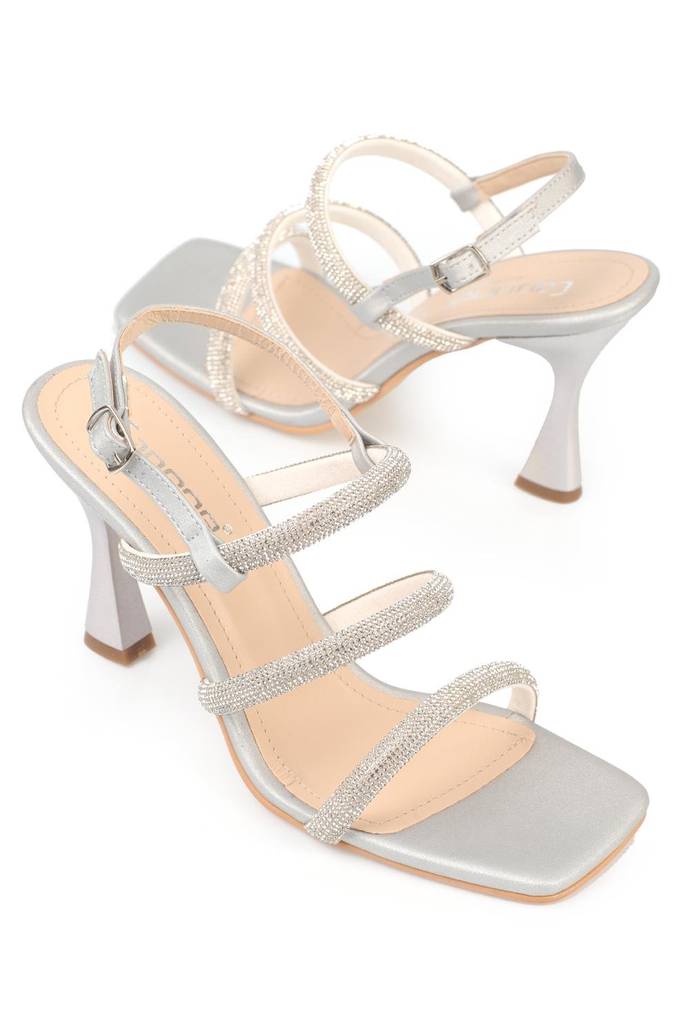 Capone Blunt Toe Crystal Embellished Three Bands High Heel Satin Woman Sandals