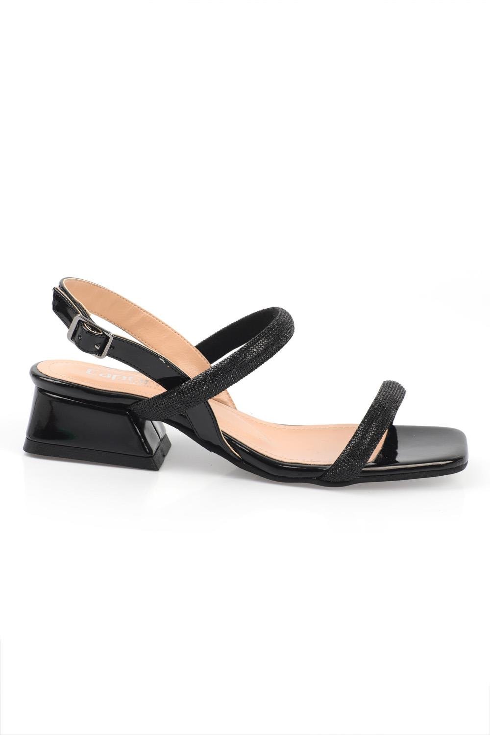 Capone Blunt Toe Crystal Embellished Two Wide Bands Low Heel Rugan Woman Sandals