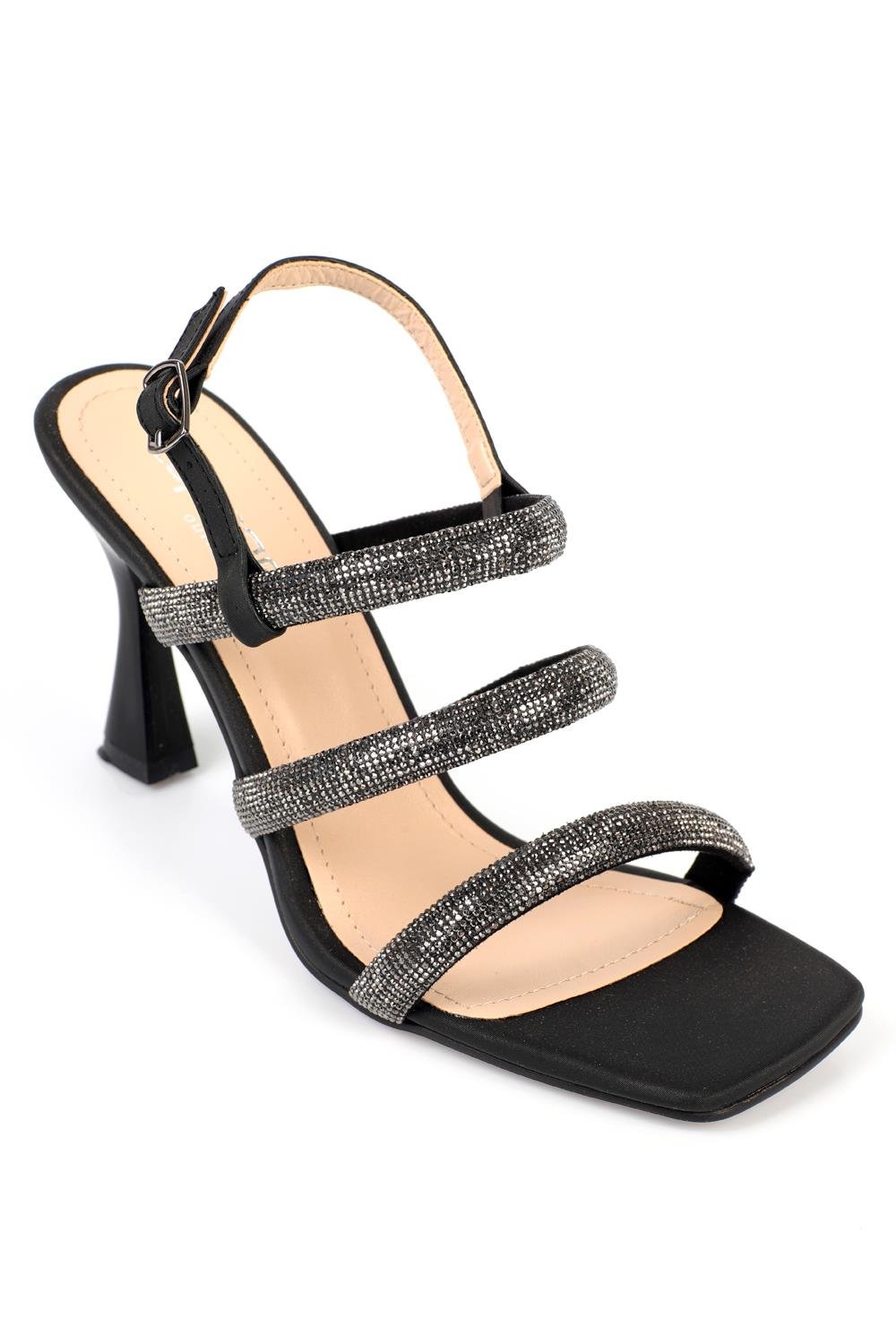 Capone Blunt Toe Crystal Embellished Three Bands High Heel Satin Woman Sandals