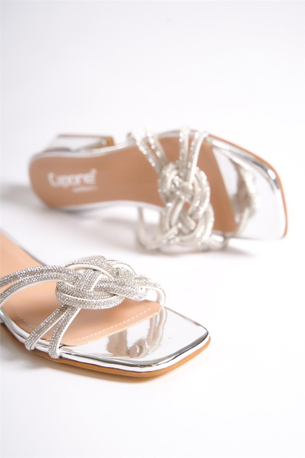 Capone Blunt Toe Crystal Embellished Wide Braided Band Low Heel Mirror Fabric Woman Sandals