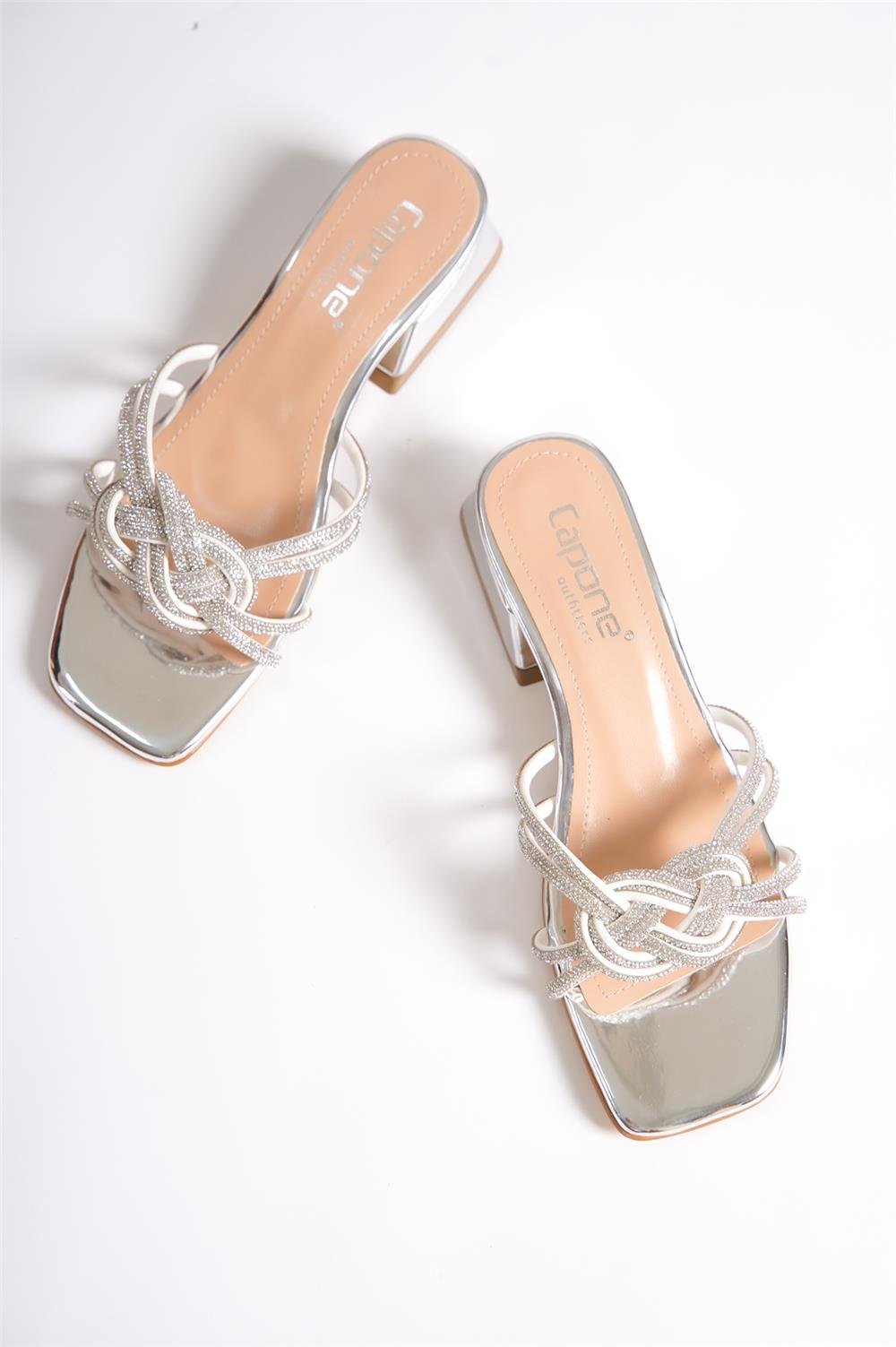 Capone Blunt Toe Crystal Embellished Wide Braided Band Low Heel Mirror Fabric Woman Sandals