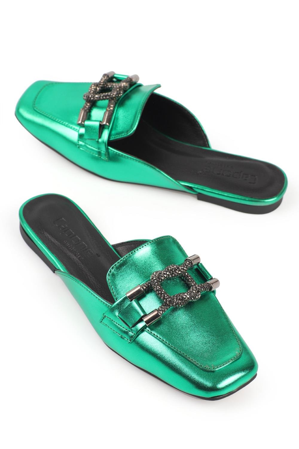 Capone Blunt Toe Crystal Square Knot Accessory Metallic Woman Mules