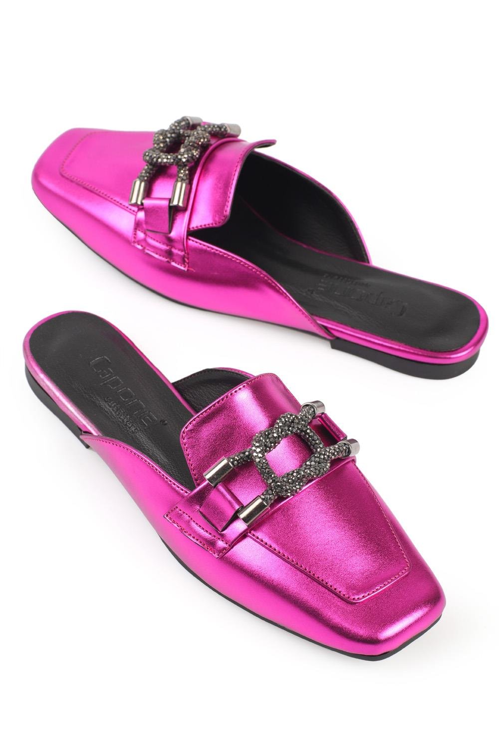 Capone Blunt Toe Crystal Square Knot Accessory Metallic Woman Mules