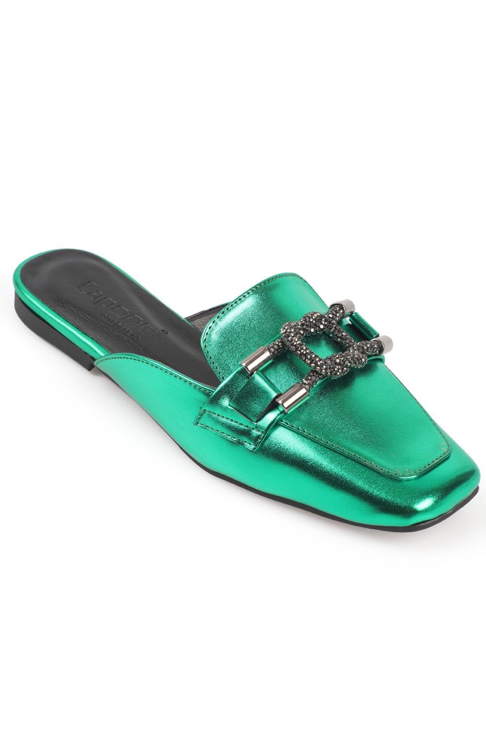 Capone Blunt Toe Crystal Square Knot Accessory Metallic Woman Mules