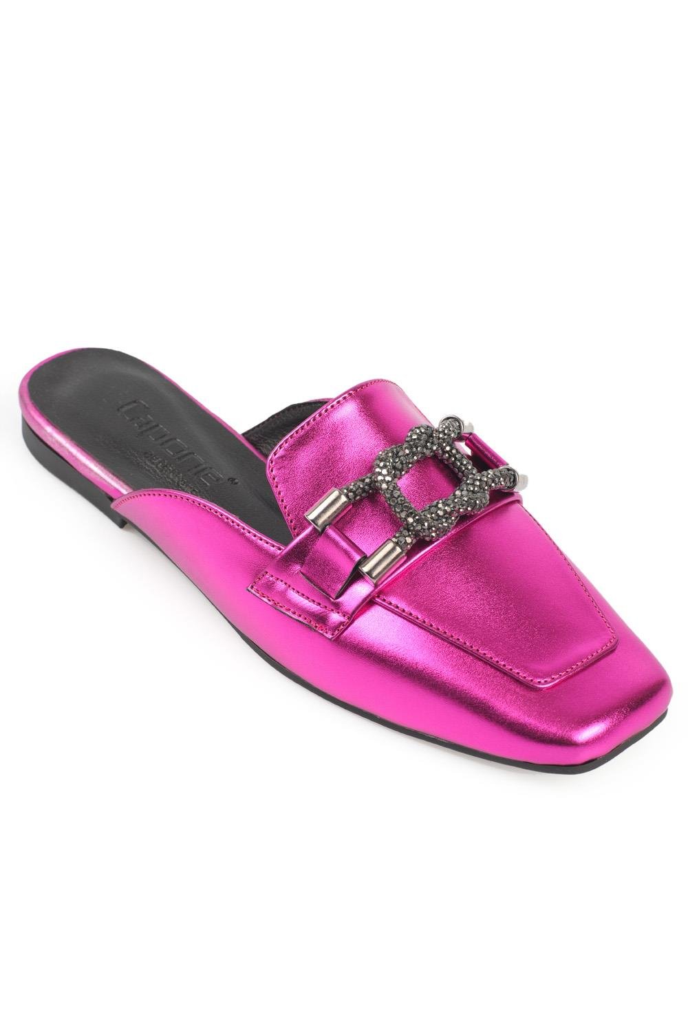Capone Blunt Toe Crystal Square Knot Accessory Metallic Woman Mules