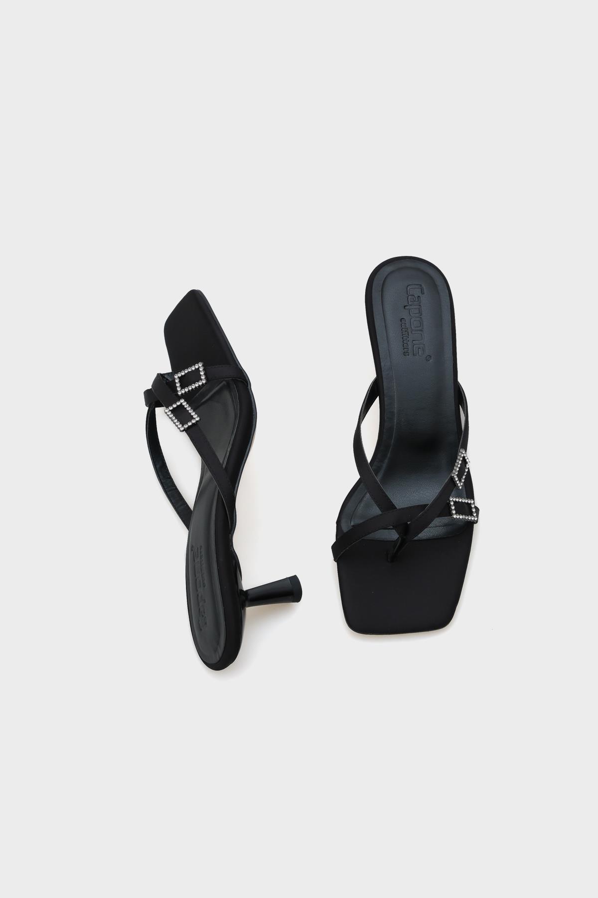 Capone Blunt Toe Medium Heel Double Crystal Embellished Buckled Satin Women Satin Black Sandals