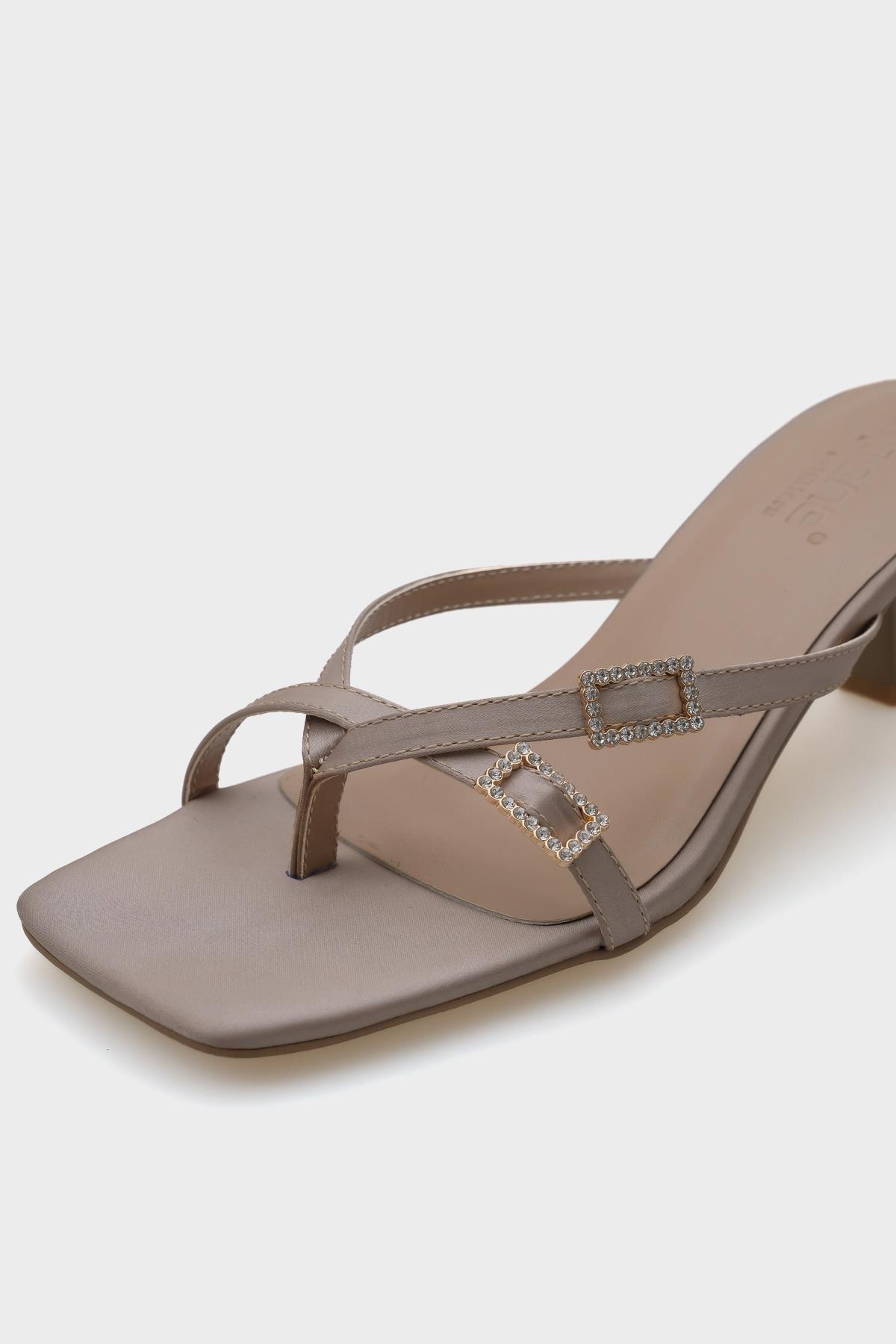 Capone Blunt Toe Medium Heel Double Crystal Embellished Buckled Satin Women Mink Sandals