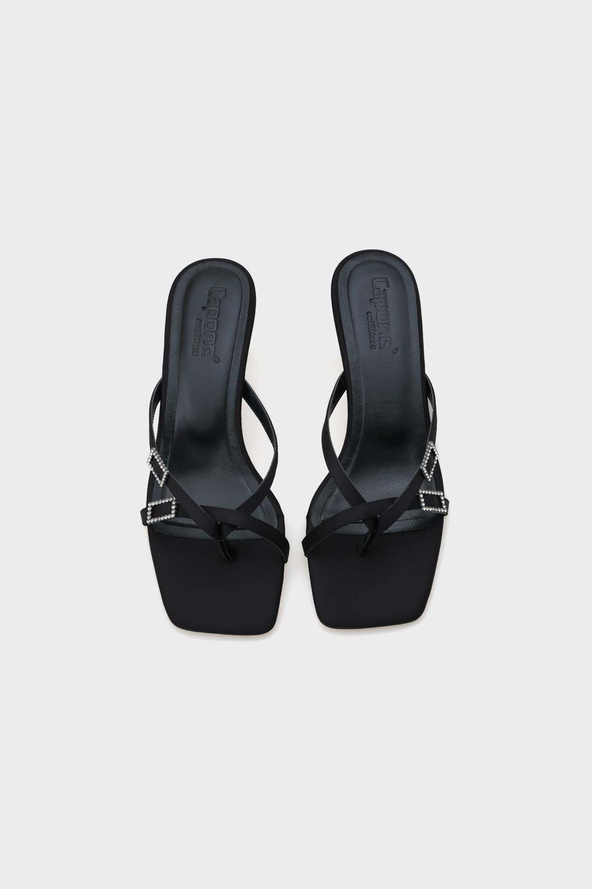 Capone Blunt Toe Medium Heel Double Crystal Embellished Buckled Satin Women Satin Black Sandals