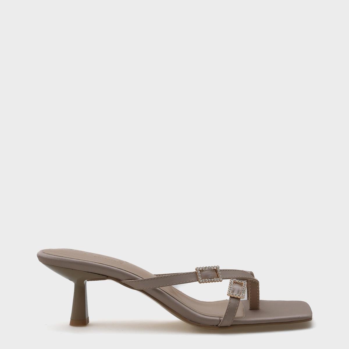 Capone Blunt Toe Medium Heel Double Crystal Embellished Buckled Satin Women Mink Sandals