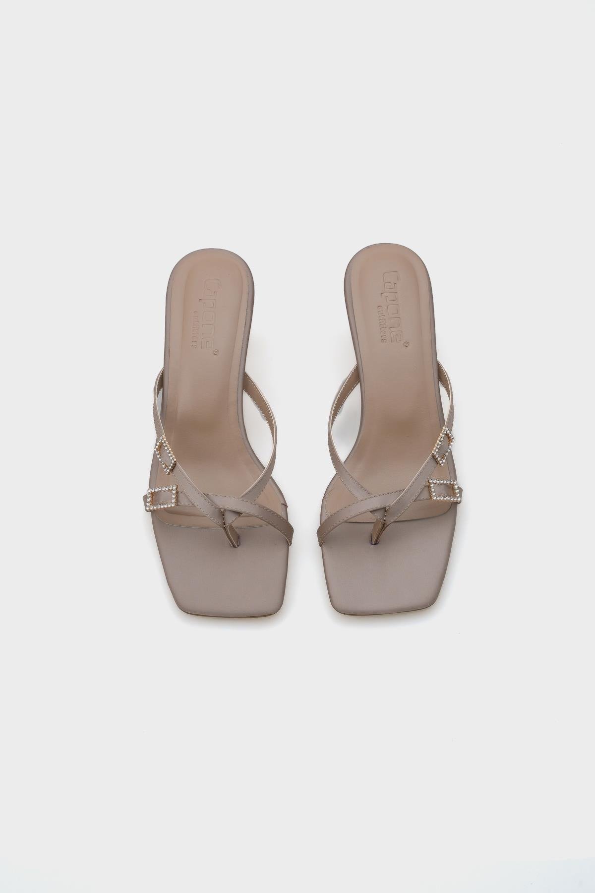 Capone Blunt Toe Medium Heel Double Crystal Embellished Buckled Satin Women Mink Sandals