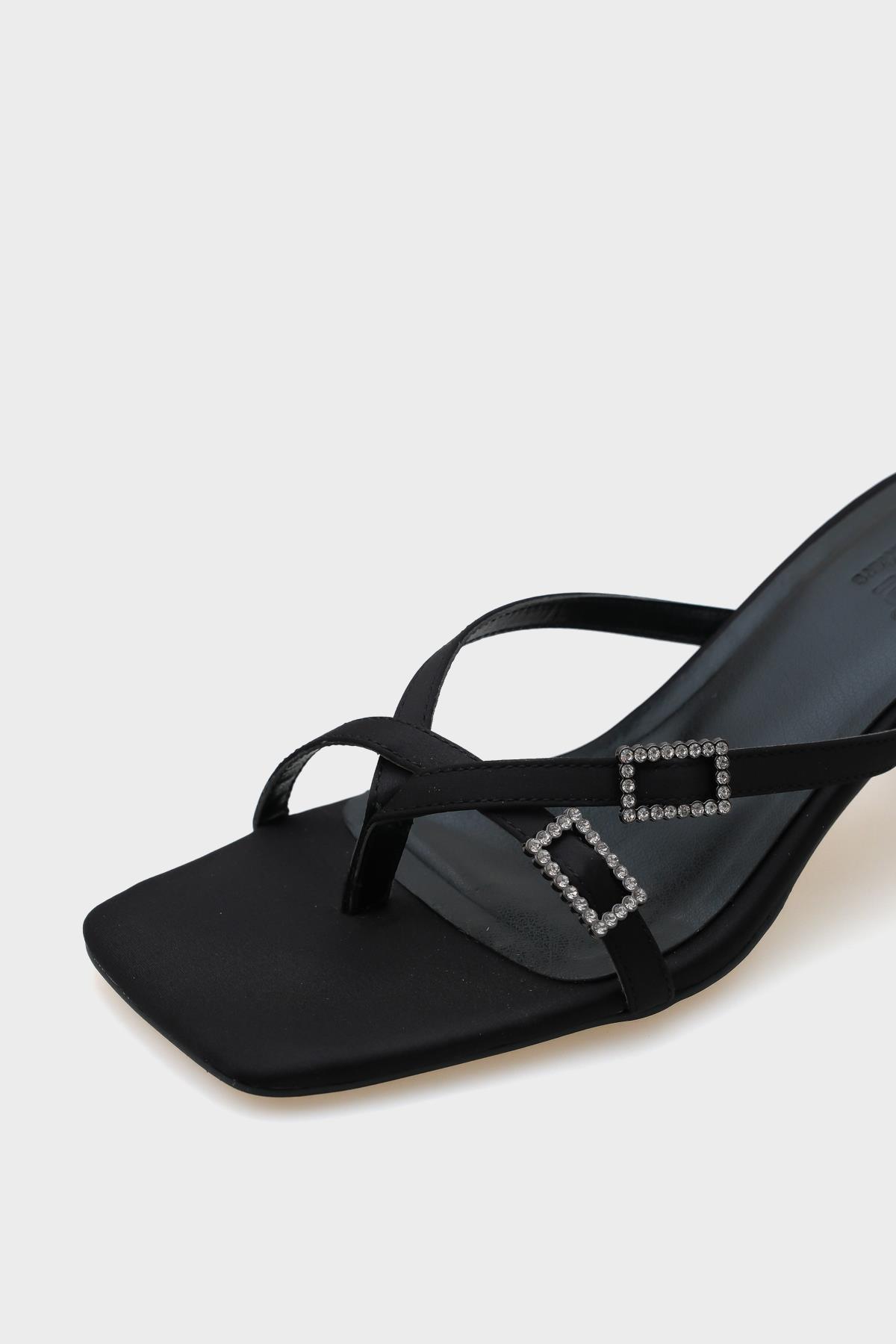 Capone Blunt Toe Medium Heel Double Crystal Embellished Buckled Satin Women Satin Black Sandals