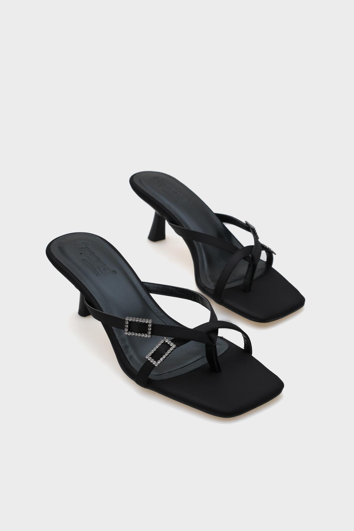 Capone Blunt Toe Medium Heel Double Crystal Embellished Buckled Satin Women Satin Black Sandals