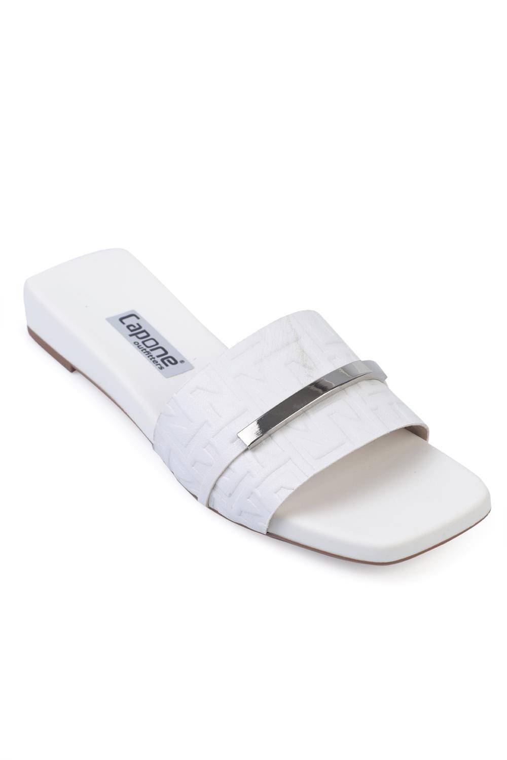 Capone Blunt Toe Metal Accessory Short Heeled Comfort Women White Sandals