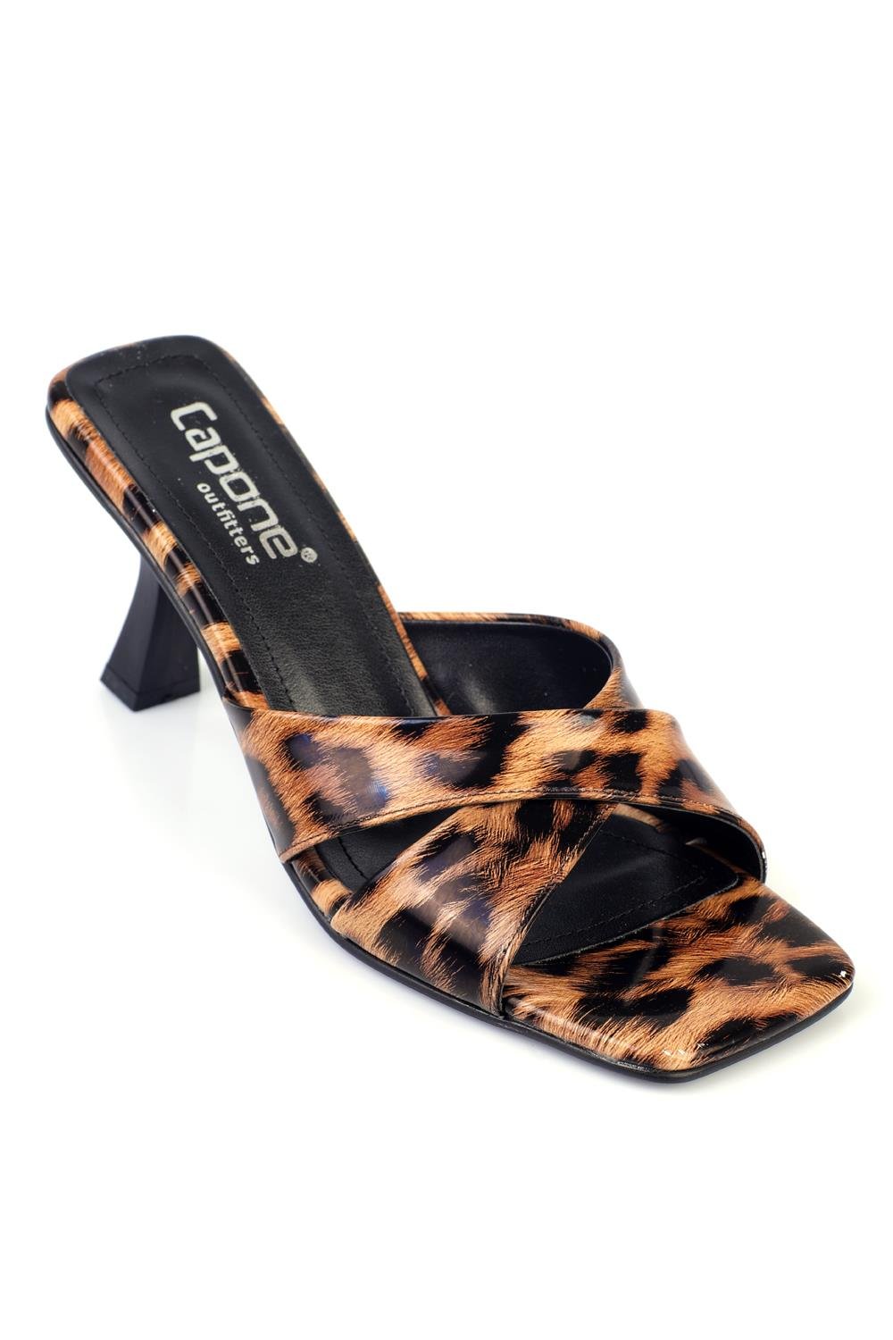Capone Blunt Toe Patent Faux Leather Cross Strapped Mid Heeled Women Leopard Sandals
