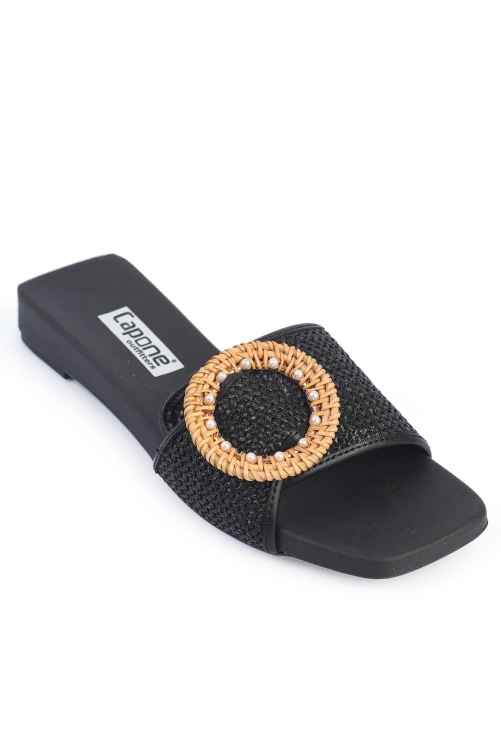 Capone Blunt Toe Raffia Short Heeled Comfort Women Black Sandals