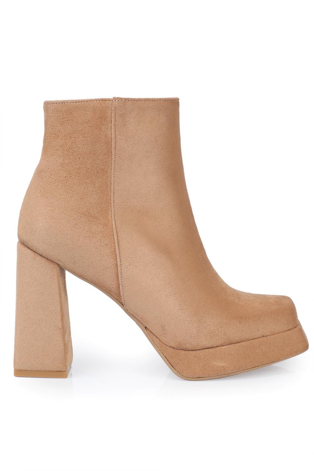 Capone Blunt Toe Suede Ankle Height Side Zipper Platform Pyramid Block Heel Woman Booties