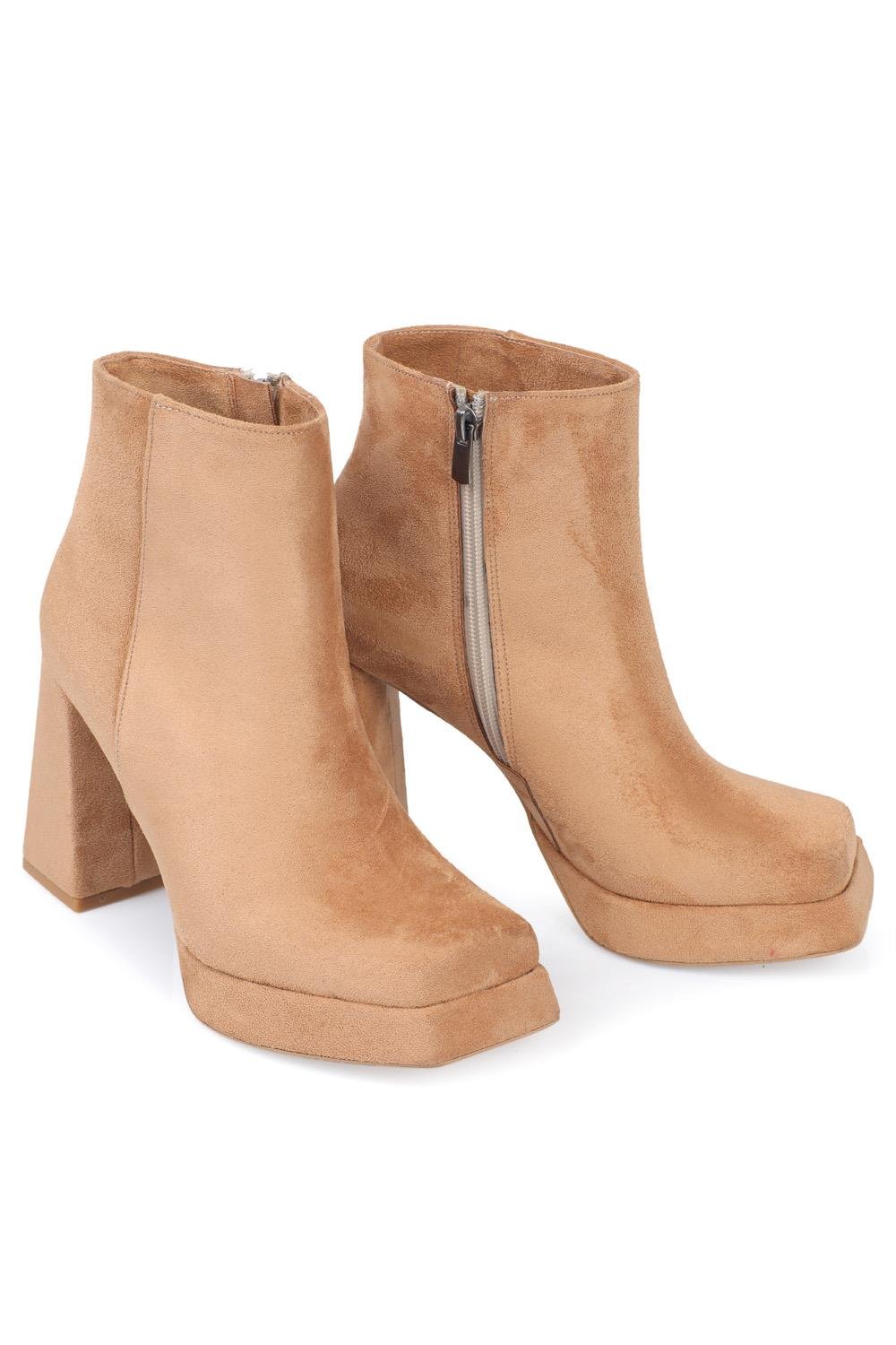 Capone Blunt Toe Suede Ankle Height Side Zipper Platform Pyramid Block Heel Woman Booties