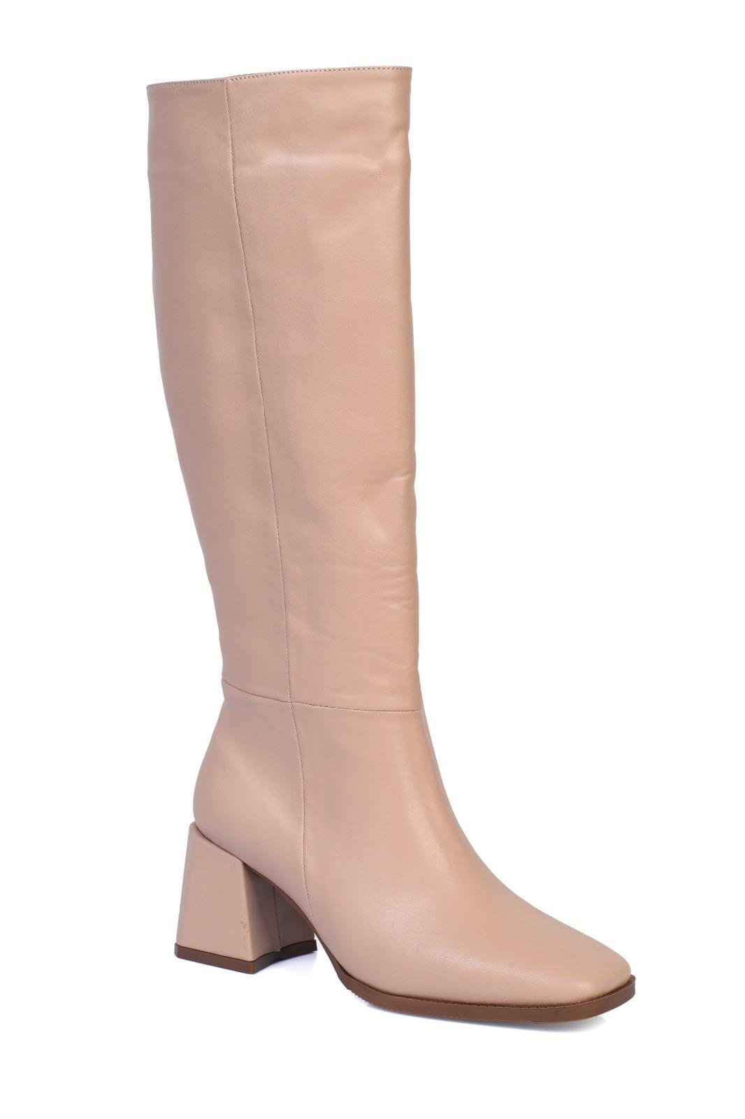 Capone Blunt Toe Thick Mid-Heel Zipper Tall Women Beige Boots
