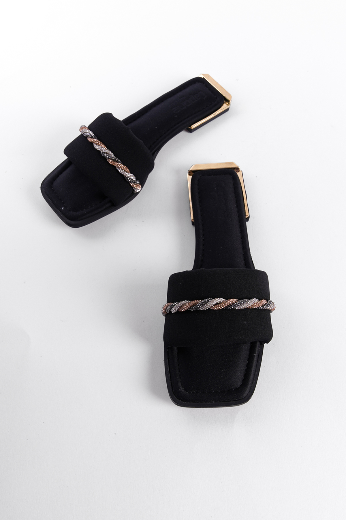 Capone Blunt Toe Three Colors Crystal Embellished Spiral Strap Metal Heel Detail Matt Satin Woman Sandals