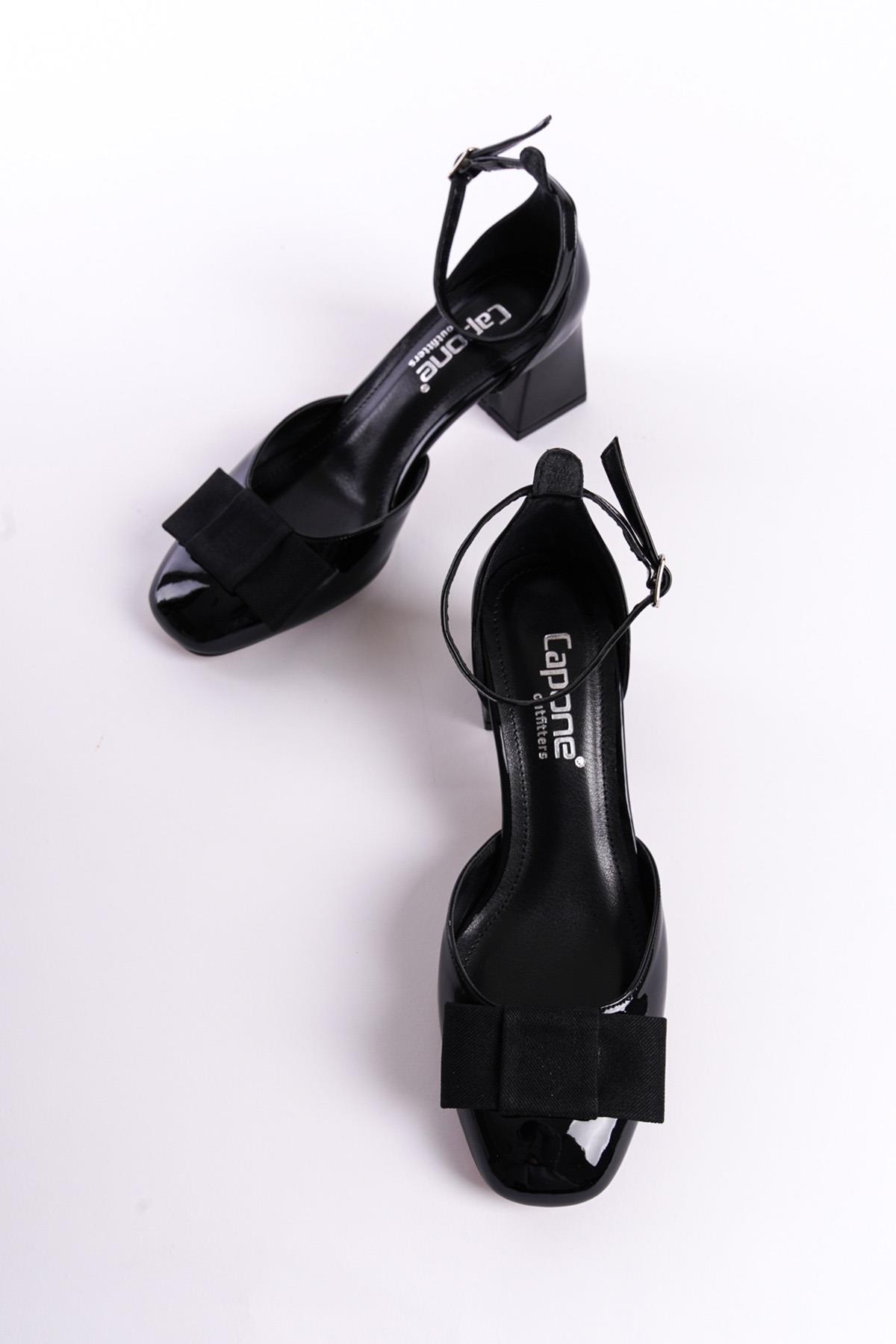 Capone Bow Ankle Strap Mid Heel Faux Patent Leather Women Patent Black Shoes