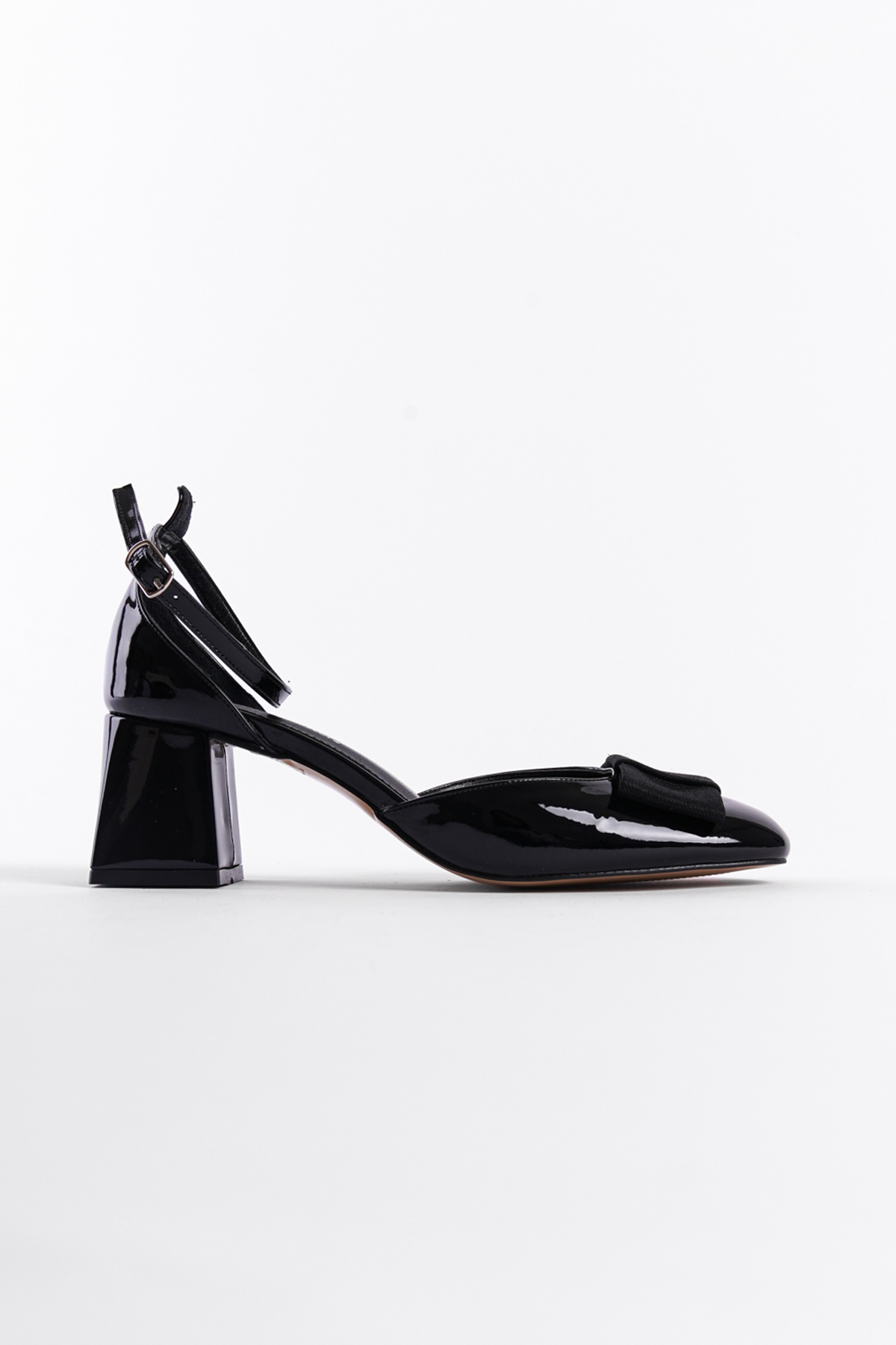 Capone Bow Ankle Strap Mid Heel Faux Patent Leather Women Patent Black Shoes