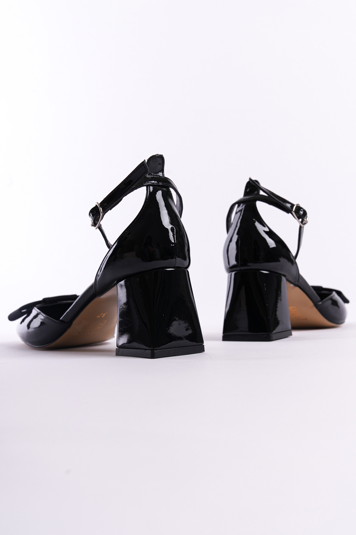 Capone Bow Ankle Strap Mid Heel Faux Patent Leather Women Patent Black Shoes