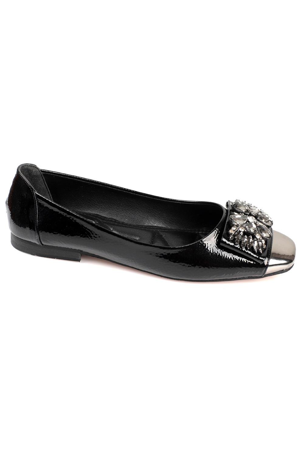 Capone Burnu Metalic Cristal Embellished Bouckle Chic Ballet Women Black Flats