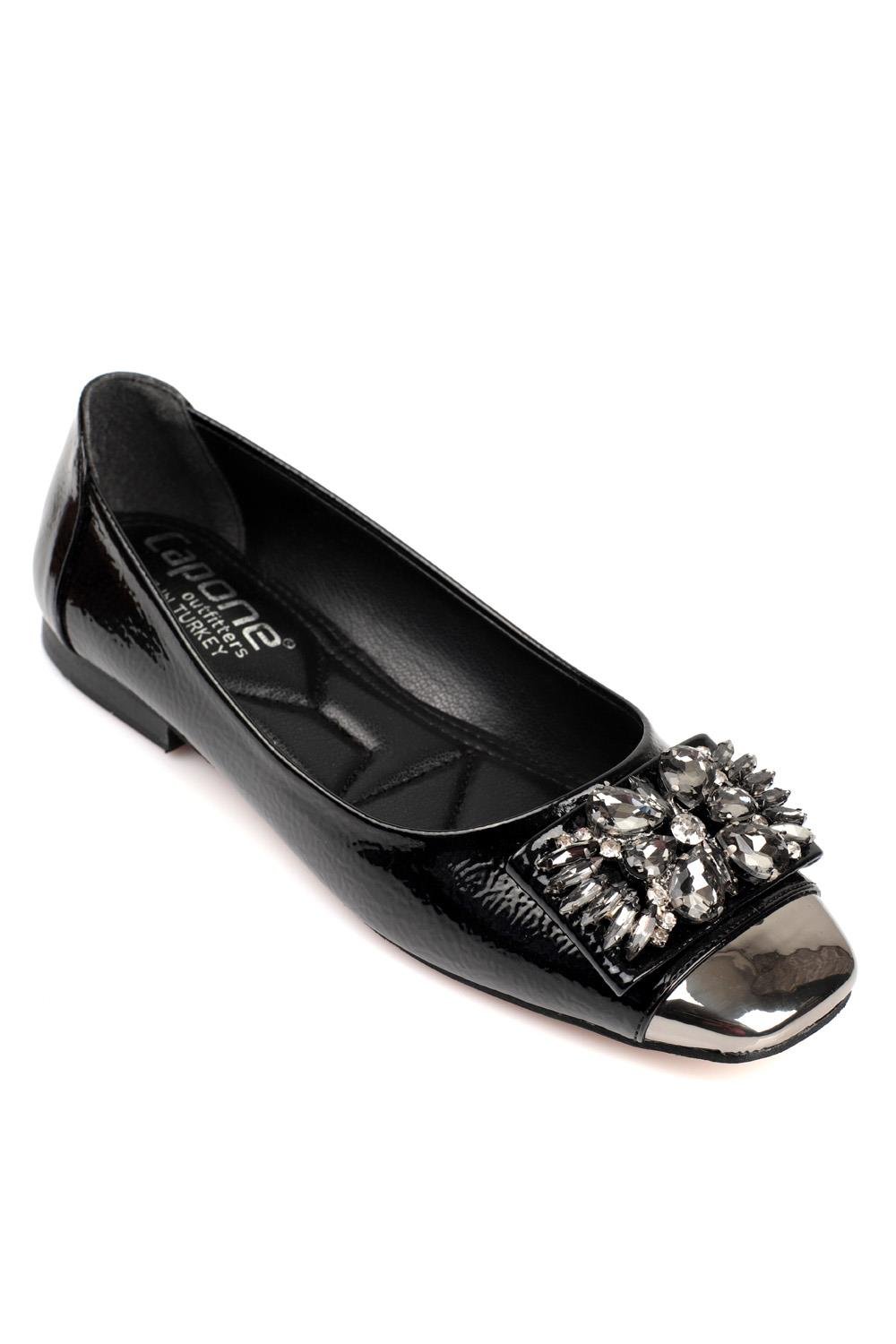Capone Burnu Metalic Cristal Embellished Bouckle Chic Ballet Women Black Flats