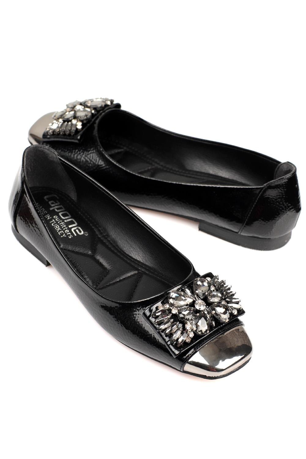 Capone Burnu Metalic Cristal Embellished Bouckle Chic Ballet Women Black Flats