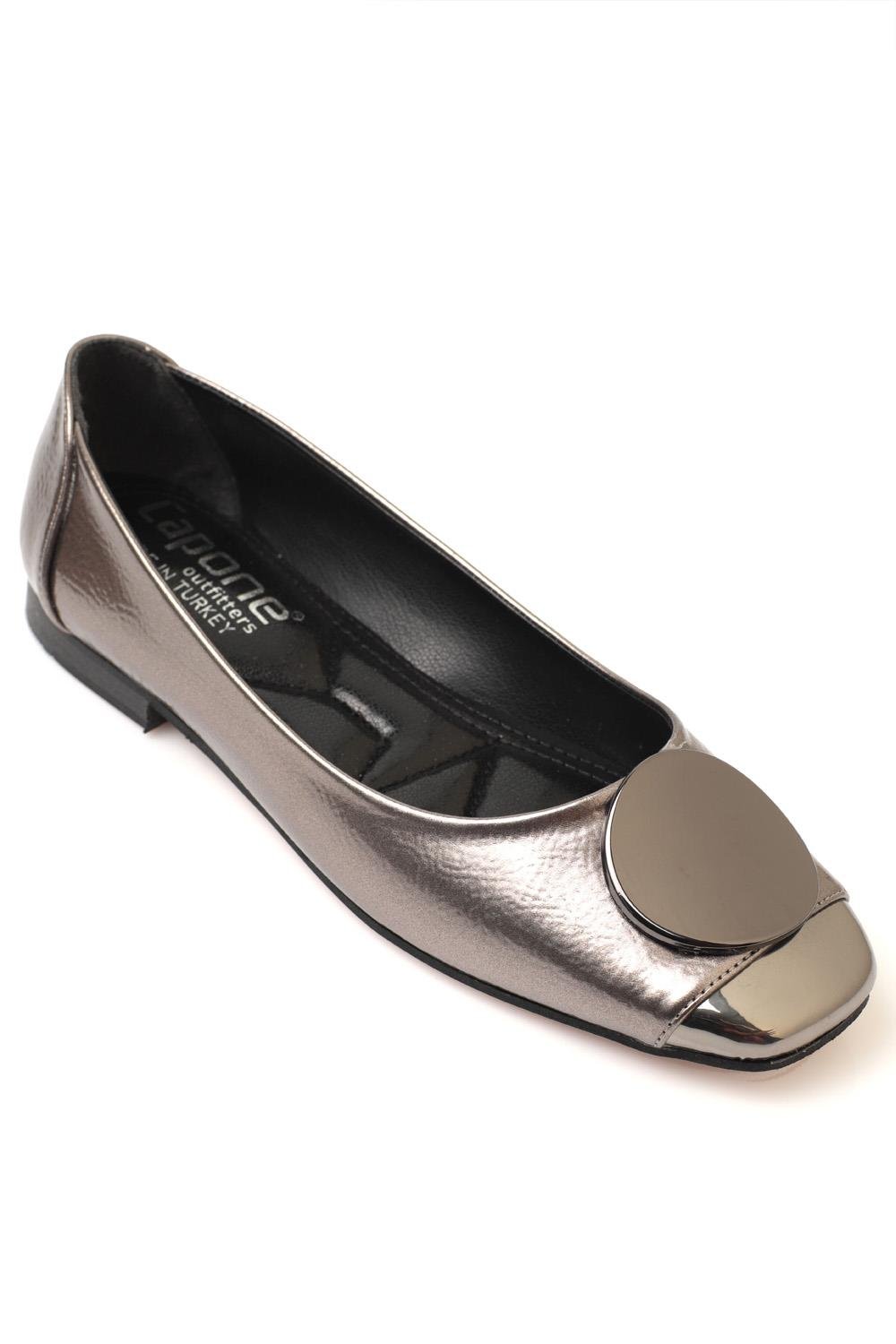 Capone Burnu Metalic Metalic Bouckle Chic Ballet Women Platinum Flats