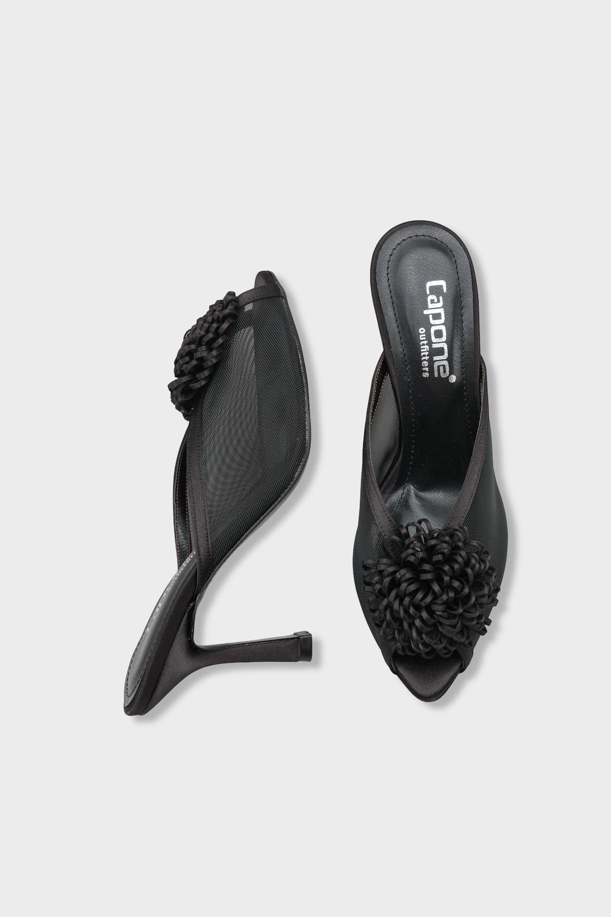 Capone Caitrin Mesh Satin Mid Heel Elegant Women Satin Black Sandal